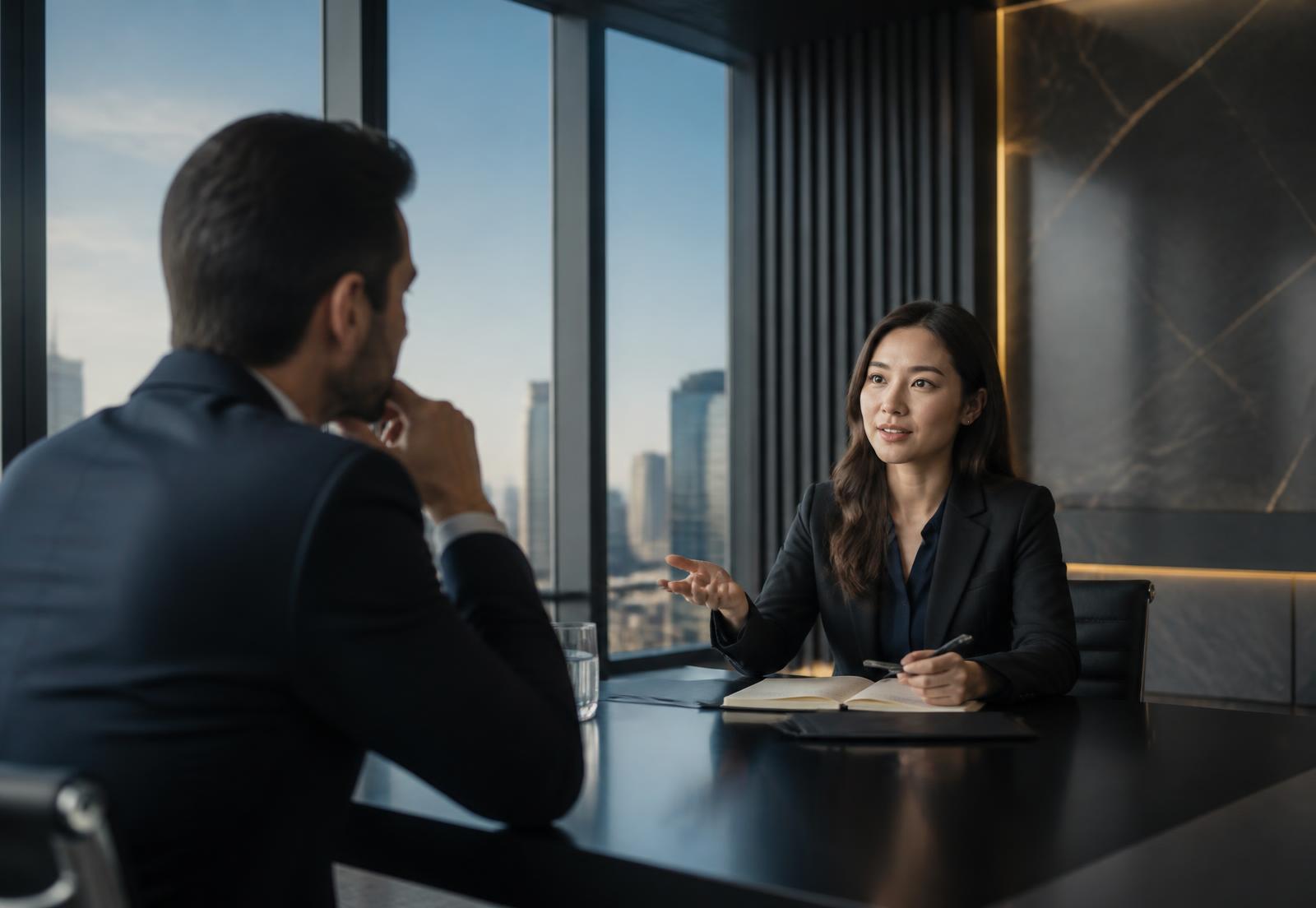 Two professionals negotiating in a modern international office